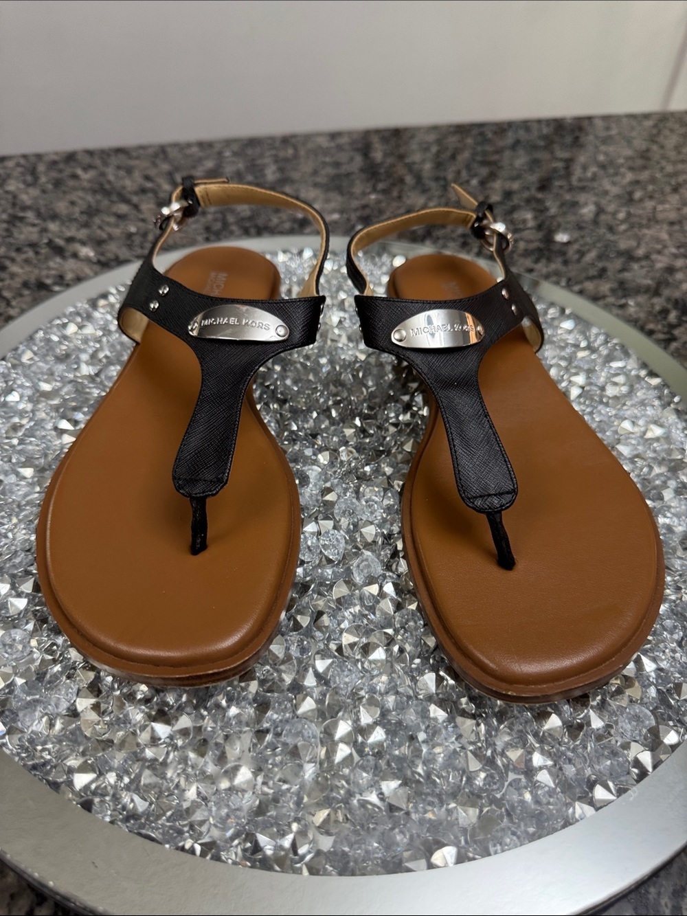 Michael Kors Black T-Strap Sandals with silver accent EUC 8.5
